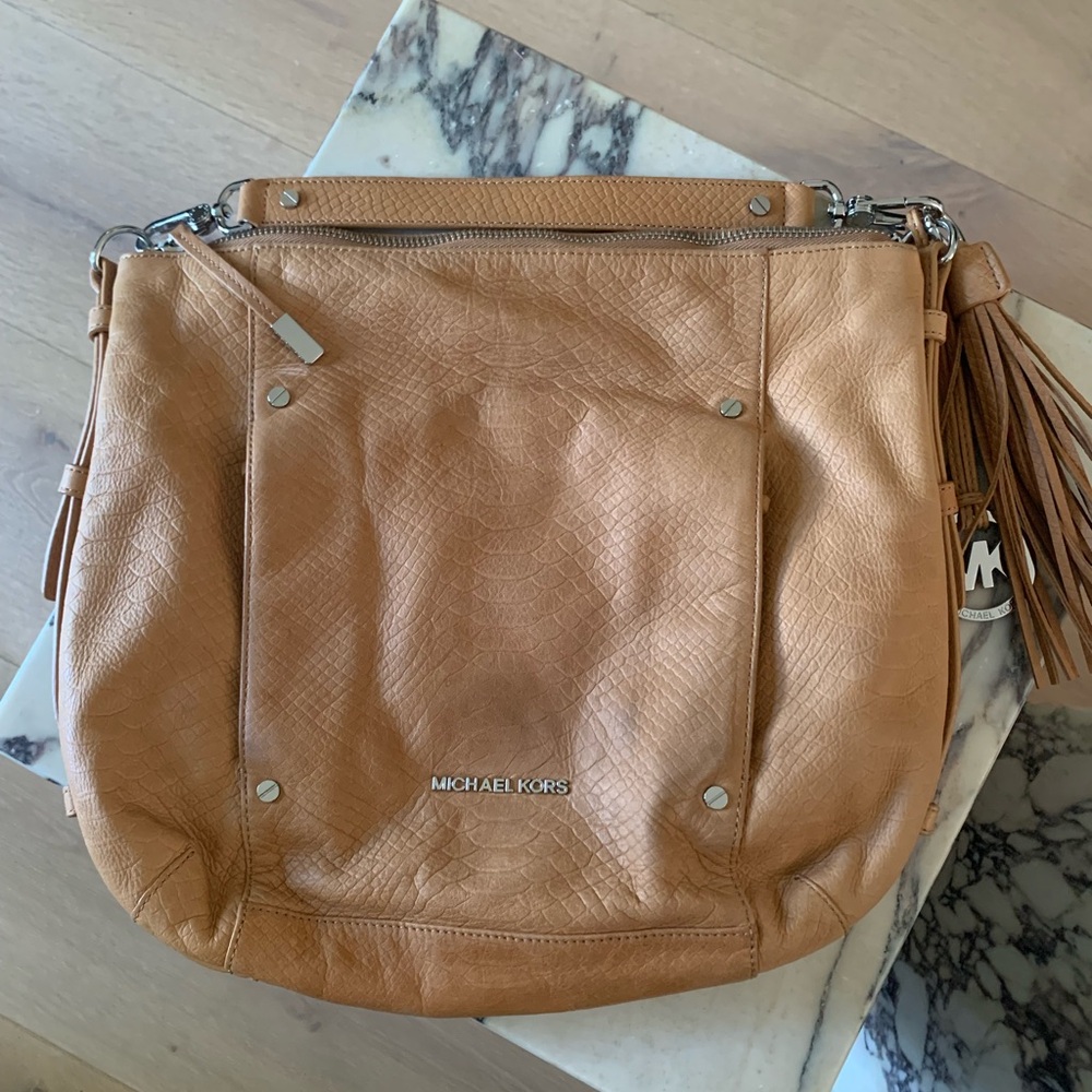 Michael Kors Tan Pebbled Leather Shoulder Bag with Tassel